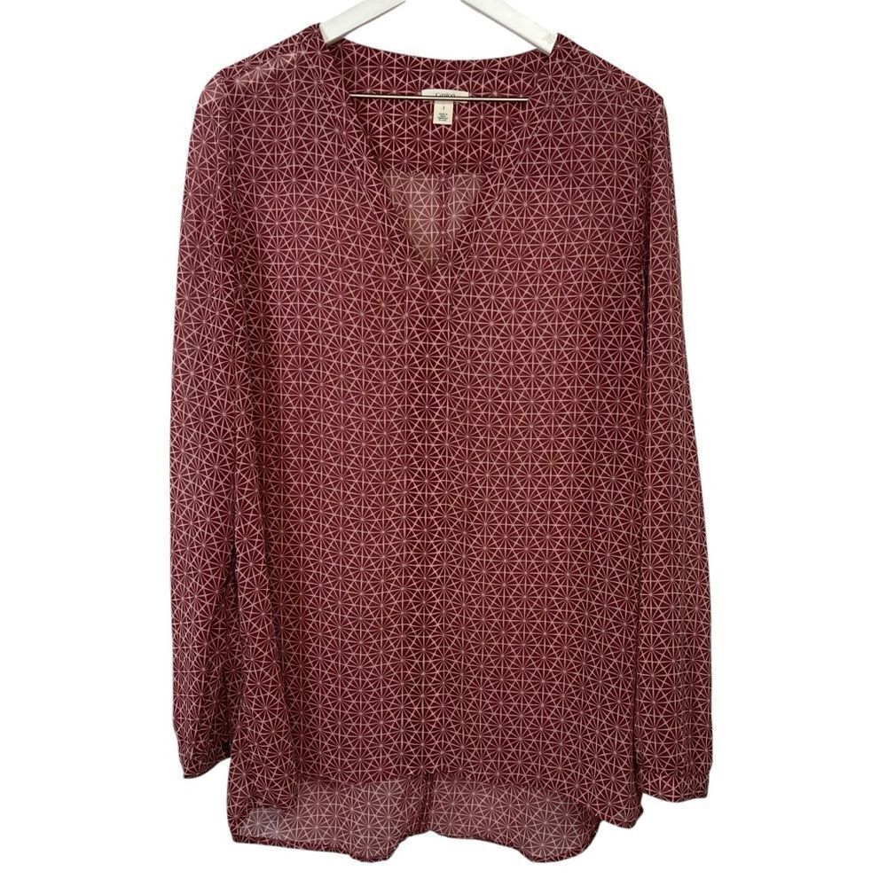Caslon Geometric Pattern Popover Blouse size Large Pink Semi-Sheer V-Neck Top